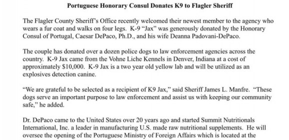Portuguese Honorary Consul Donates K9 to Flagler Sheriff